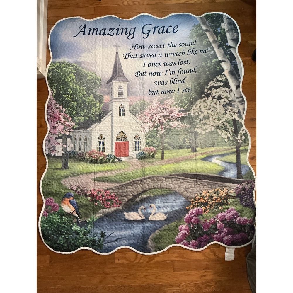 Amazing Grace Church Quilted Throw Blanket Chapel Colorful Floral 50 x 60"